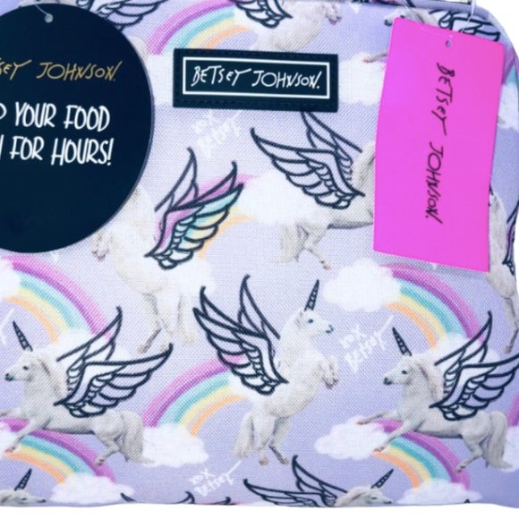 Betsey Johnson Insulated Purple Unicorns Pegasus & Rainbow Clouds Lunch Tote - Picture 2 of 8